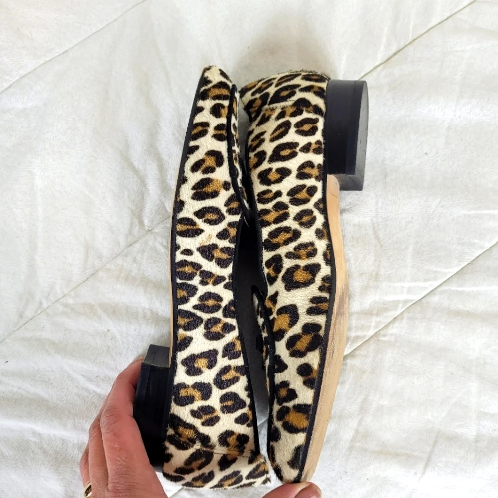 Stuart Weitzman calf hair classic leopard print loafers black bow heel office 6